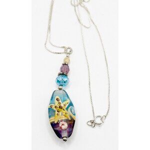 Aqua Ocean Wave Necklace‎ Sterling Silver Starfish Nautical Lampwork Pendant